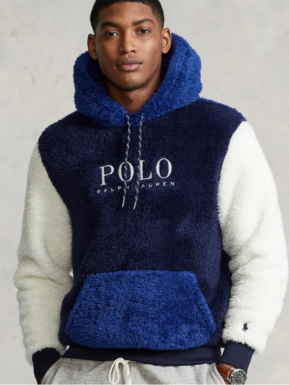 Polo Ralph Lauren Sherpa Fleece Hoodie Navy blue, Cream Colorblock Pullover XXL